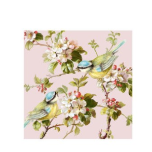 Vackra pappersservetter med motiv av fåglar och blommor mot en rosa bakgrund. 33x33 cm.